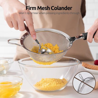 18/8 Stainless Steel Mesh Strainer: 5.5 Inch Kitchen Fine Mesh Sieve Food Colander with Riveted Sturdy Silicone Handle and 30 Mesh Hole for Straining Flour, Pasta, Fruit, Quinoa (Black)