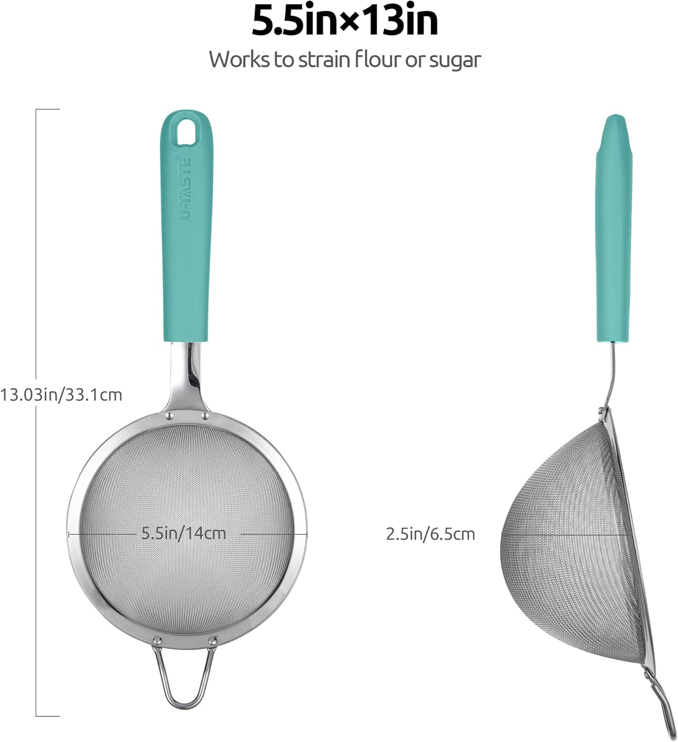 18/8 Stainless Steel Mesh Strainer: 5.5 Inch Kitchen Fine Mesh Sieve Food Colander with Riveted Sturdy Silicone Handle and 30 Mesh Hole for Straining Flour, Pasta, Fruit, Quinoa (Black)