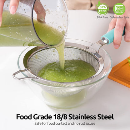 18/8 Stainless Steel Mesh Strainer: 5.5 Inch Kitchen Fine Mesh Sieve Food Colander with Riveted Sturdy Silicone Handle and 30 Mesh Hole for Straining Flour, Pasta, Fruit, Quinoa (Black)