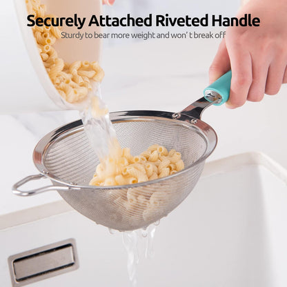 18/8 Stainless Steel Mesh Strainer: 5.5 Inch Kitchen Fine Mesh Sieve Food Colander with Riveted Sturdy Silicone Handle and 30 Mesh Hole for Straining Flour, Pasta, Fruit, Quinoa (Black)