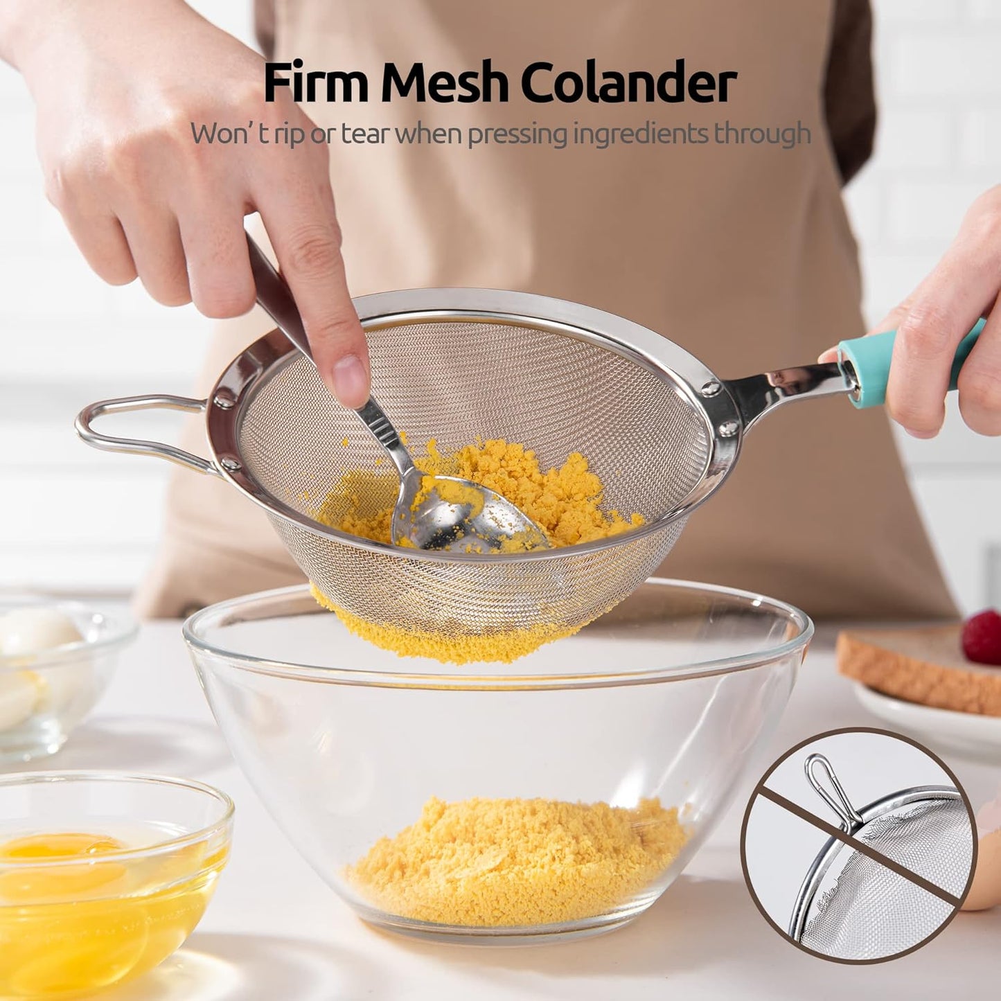 18/8 Stainless Steel Mesh Strainer: 5.5 Inch Kitchen Fine Mesh Sieve Food Colander with Riveted Sturdy Silicone Handle and 30 Mesh Hole for Straining Flour, Pasta, Fruit, Quinoa (Black)