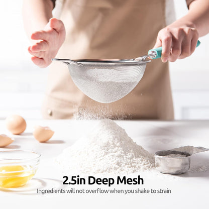 18/8 Stainless Steel Mesh Strainer: 5.5 Inch Kitchen Fine Mesh Sieve Food Colander with Riveted Sturdy Silicone Handle and 30 Mesh Hole for Straining Flour, Pasta, Fruit, Quinoa (Black)
