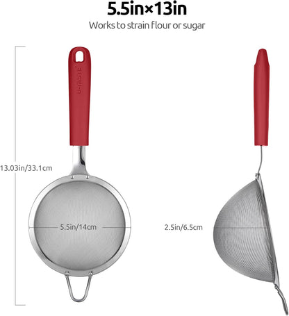 18/8 Stainless Steel Mesh Strainer: 5.5 Inch Kitchen Fine Mesh Sieve Food Colander with Riveted Sturdy Silicone Handle and 30 Mesh Hole for Straining Flour, Pasta, Fruit, Quinoa (Black)
