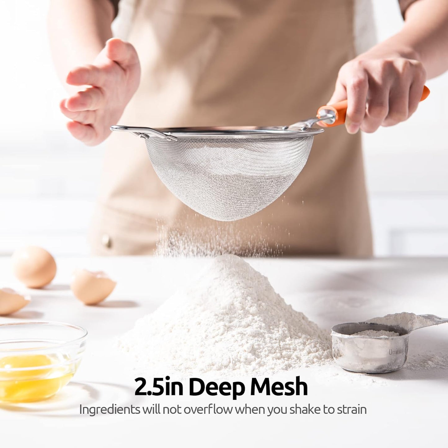 18/8 Stainless Steel Mesh Strainer: 5.5 Inch Kitchen Fine Mesh Sieve Food Colander with Riveted Sturdy Silicone Handle and 30 Mesh Hole for Straining Flour, Pasta, Fruit, Quinoa (Black)
