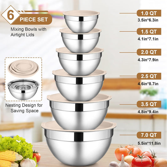 6 Piece Mixing Bowls with Lids Set, Size 7 & 3.5 & 2.5 & 2 & 1.5 & 1QT, Stainless Steel Cooking Serving Bowls, Metal Kitchen Nesting Bowl for Prepping & Food Storage, Dishwasher Safe, Khaki