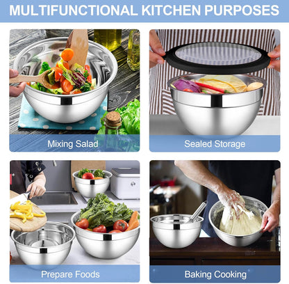 6 Piece Mixing Bowls with Lids Set, Size 7 & 3.5 & 2.5 & 2 & 1.5 & 1QT, Stainless Steel Cooking Serving Bowls, Metal Kitchen Nesting Bowl for Prepping & Food Storage, Dishwasher Safe, Khaki