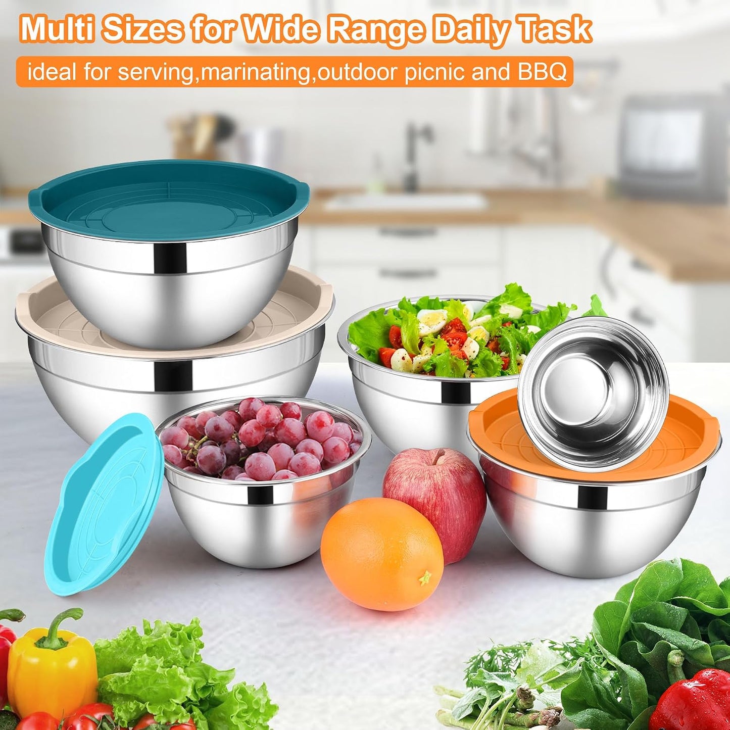 6 Piece Mixing Bowls with Lids Set, Size 7 & 3.5 & 2.5 & 2 & 1.5 & 1QT, Stainless Steel Cooking Serving Bowls, Metal Kitchen Nesting Bowl for Prepping & Food Storage, Dishwasher Safe, Khaki