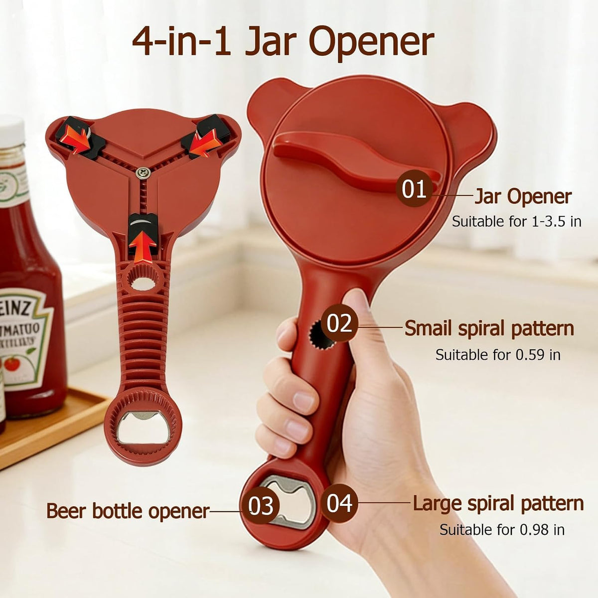 4-in-1 Jar Opener, Adjustable Jar Opener for Seniors