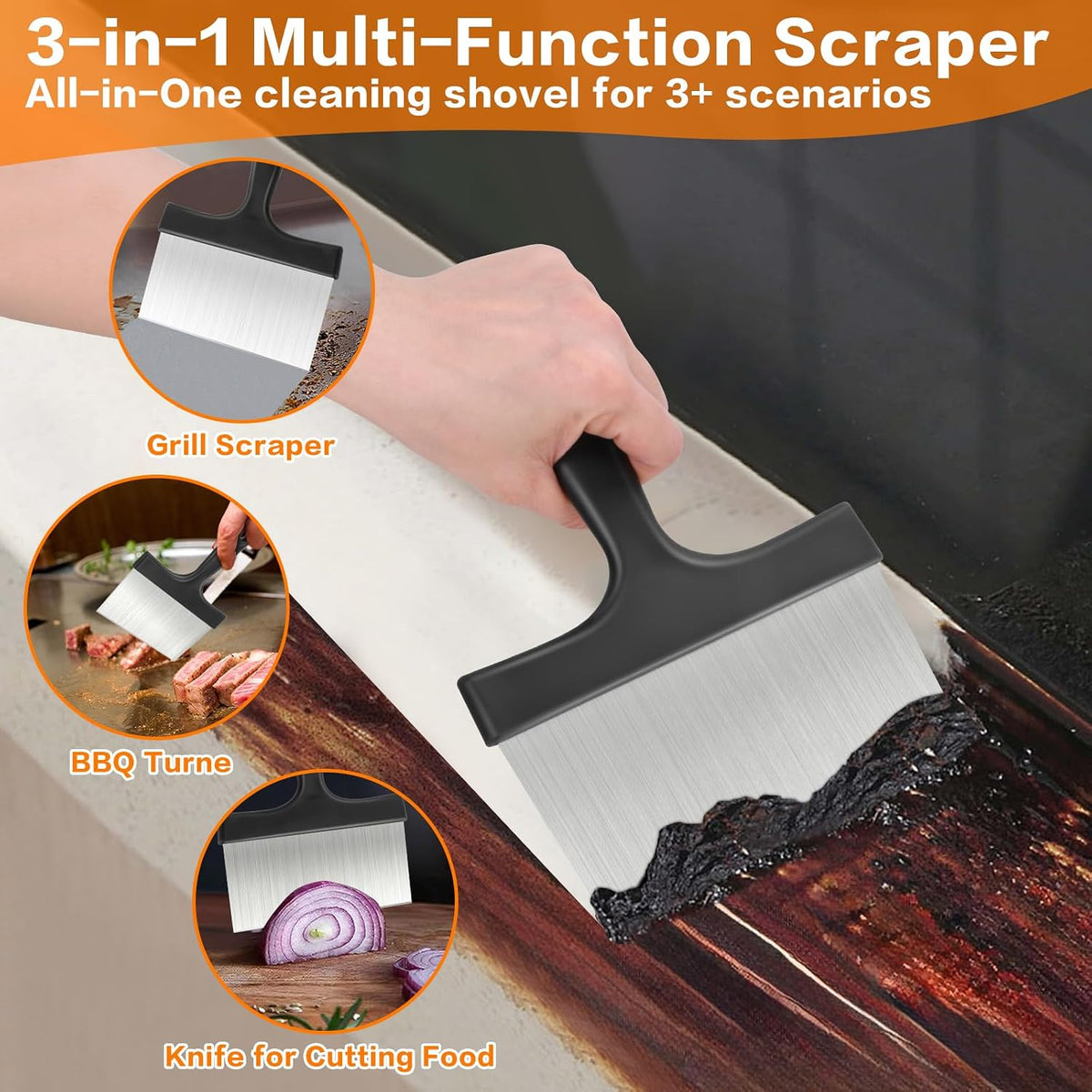 Heavy Duty Grill Scraper, 3-in-1 Stainless Steel Griddle Scraper