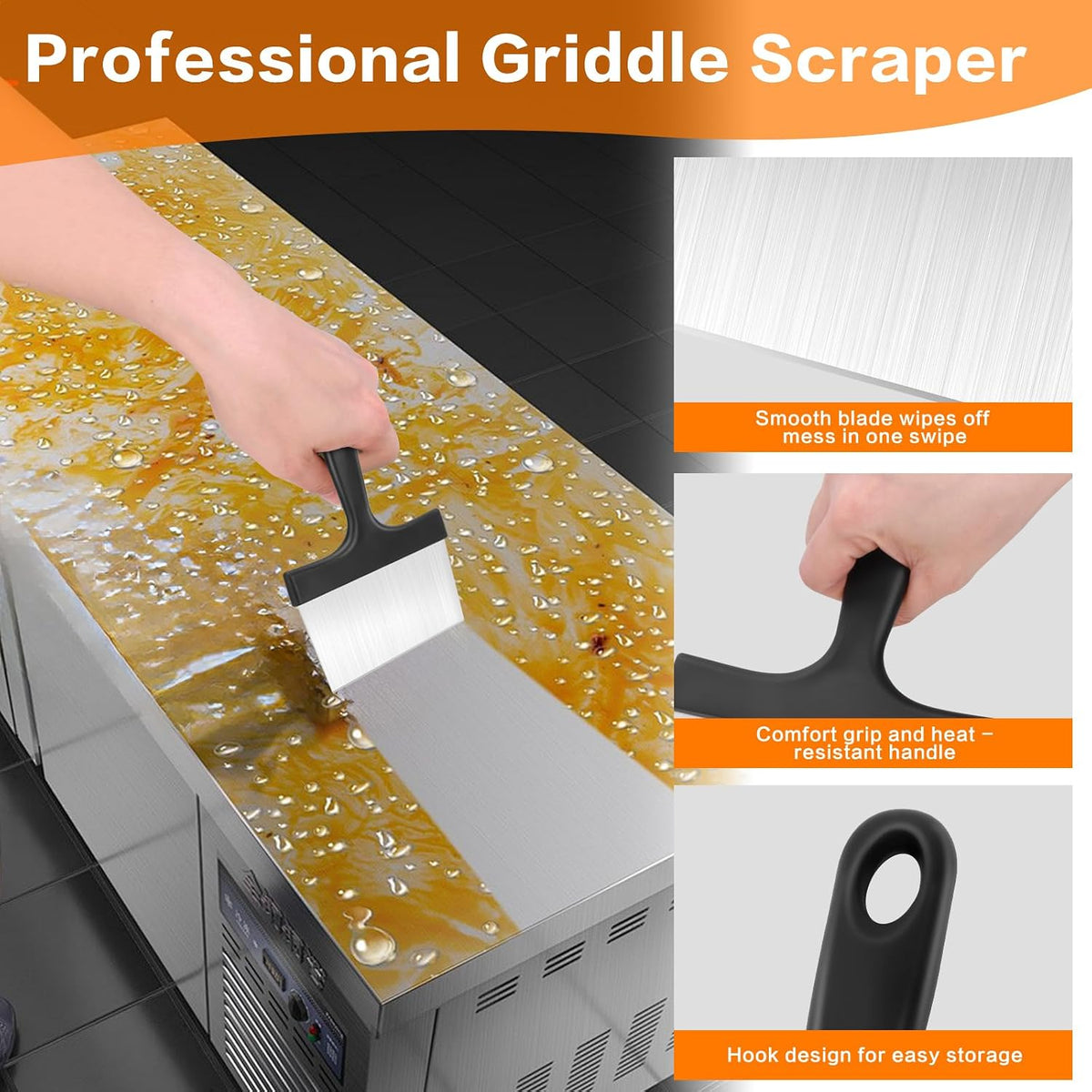 Heavy Duty Grill Scraper, 3-in-1 Stainless Steel Griddle Scraper