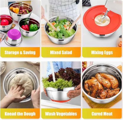 E-far Stainless Steel Mixing Bowls with Lids Set, 5-Piece Nesting Salad Bowls with 3 Grater Attachments and Non-Slip Bottoms, Size 4.6, 2.6, 2, 1.5, 1QT for Kitchen (Black)
