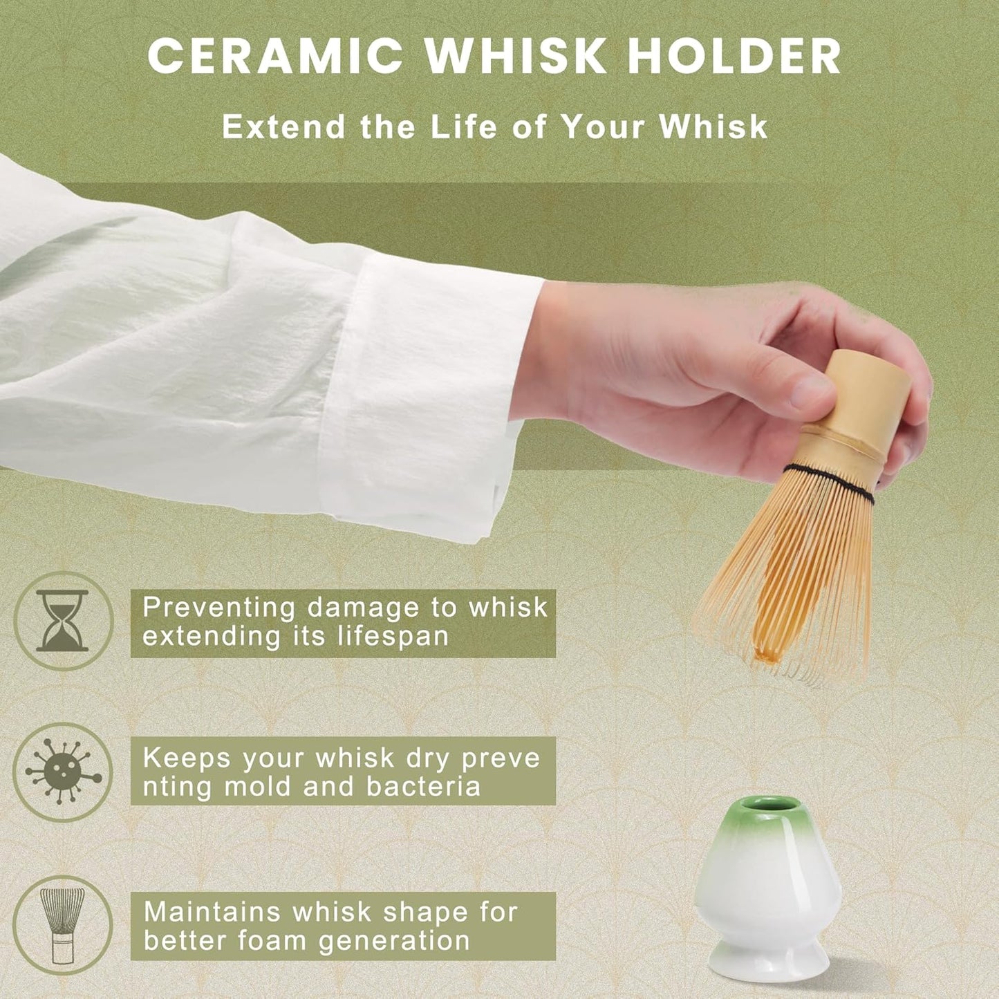 6-Piece Matcha Set, Matcha Whisk (Chasen) & Holder, Matcha Bowl with Spout, Sifter & Spoon, Bamboo & Ceramic, Dark Green