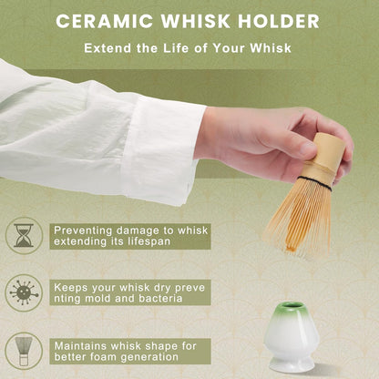 6-Piece Matcha Set, Matcha Whisk (Chasen) & Holder, Matcha Bowl with Spout, Sifter & Spoon, Bamboo & Ceramic, Dark Green