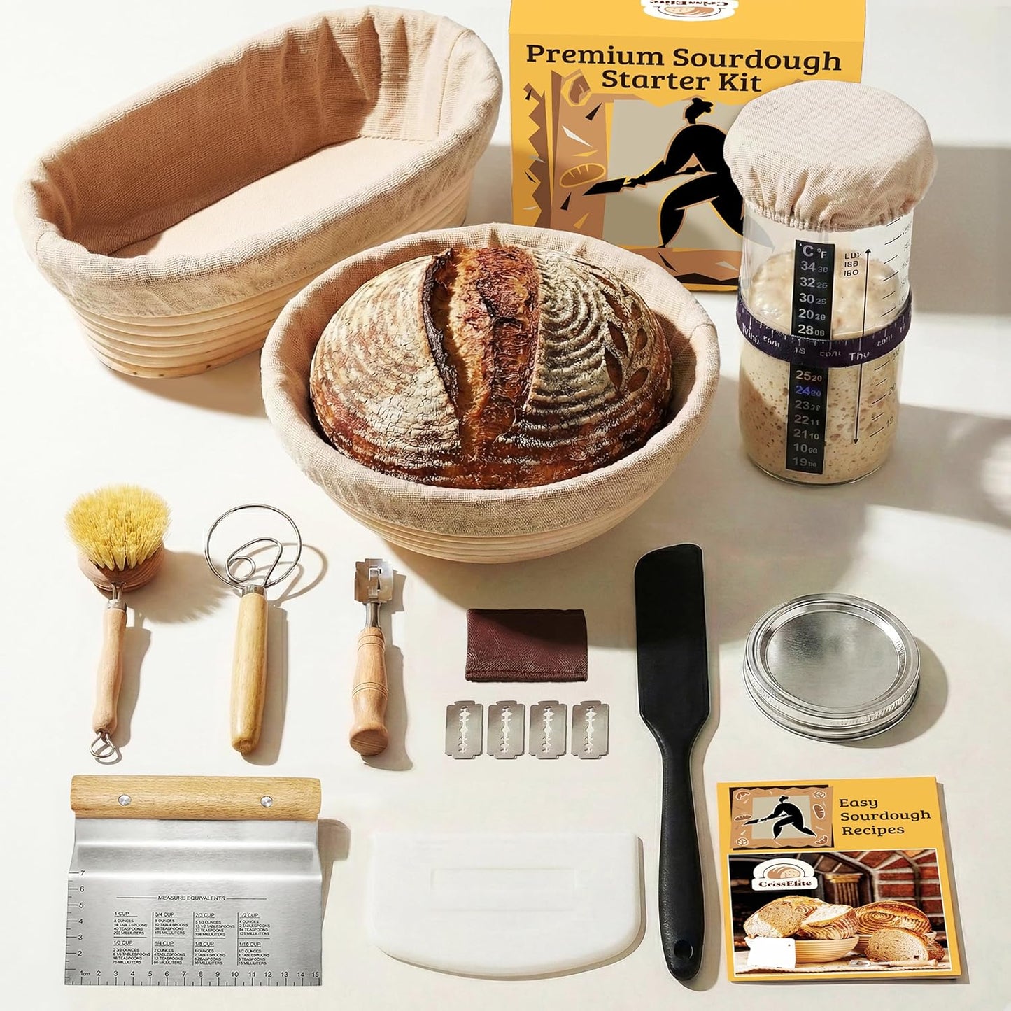 CRISS ELITE 11" Oval Banneton Proofing Basket Set of 2 - Sourdough Starter Kit with Bread Lame, Danish Whisk, Metal & Bowl Scrapers, Cleaning Brush - Professional Artisan Baker Gift Set