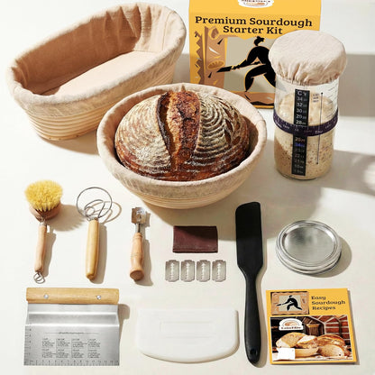 CRISS ELITE 11" Oval Banneton Proofing Basket Set of 2 - Sourdough Starter Kit with Bread Lame, Danish Whisk, Metal & Bowl Scrapers, Cleaning Brush - Professional Artisan Baker Gift Set