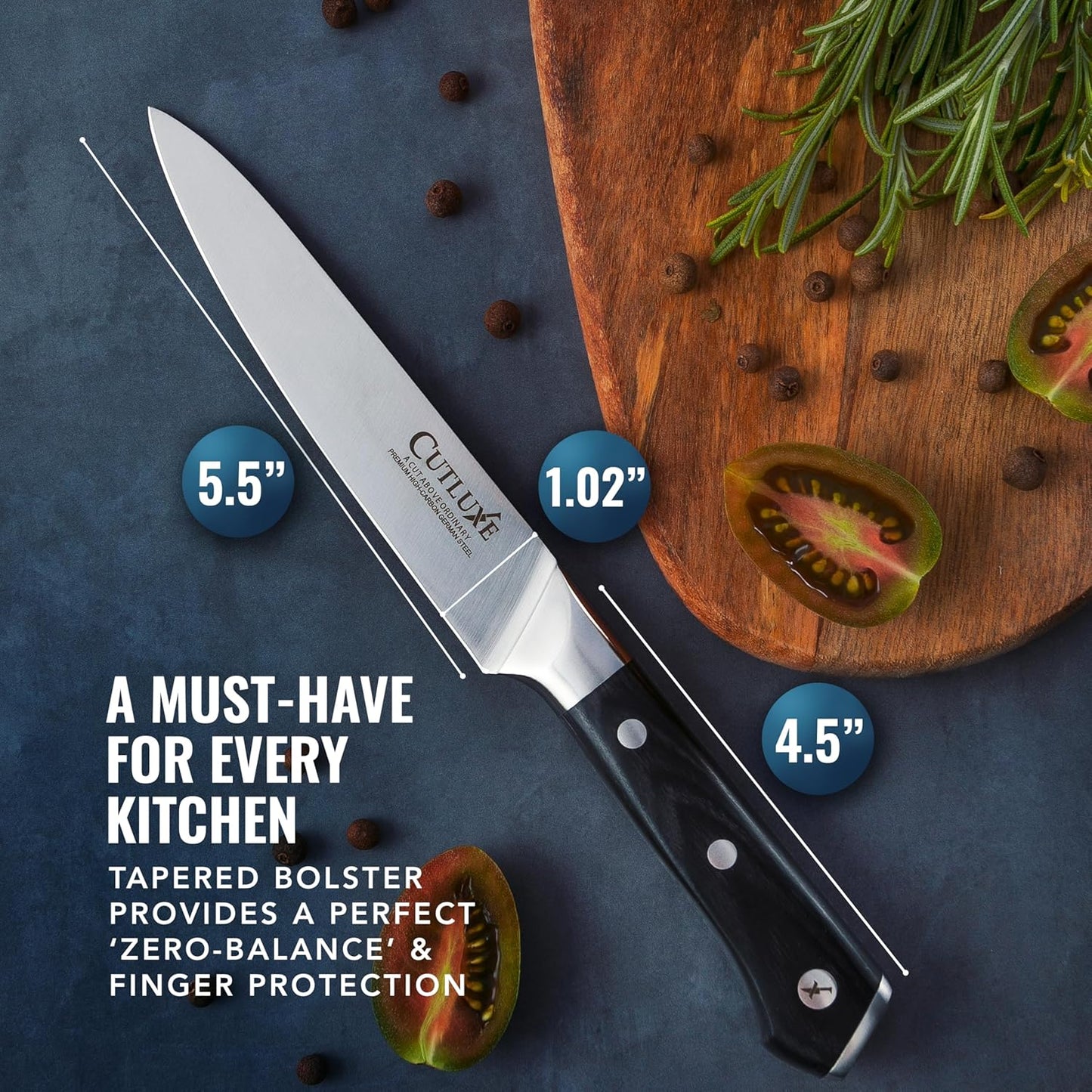 Cutluxe Serrated Kitchen Utility Knife - 5" Tomato Knife – Ultra Sharp Blade, Ergonomic Handle, Full Tang, Forged High Carbon German Steel – Artisan Series