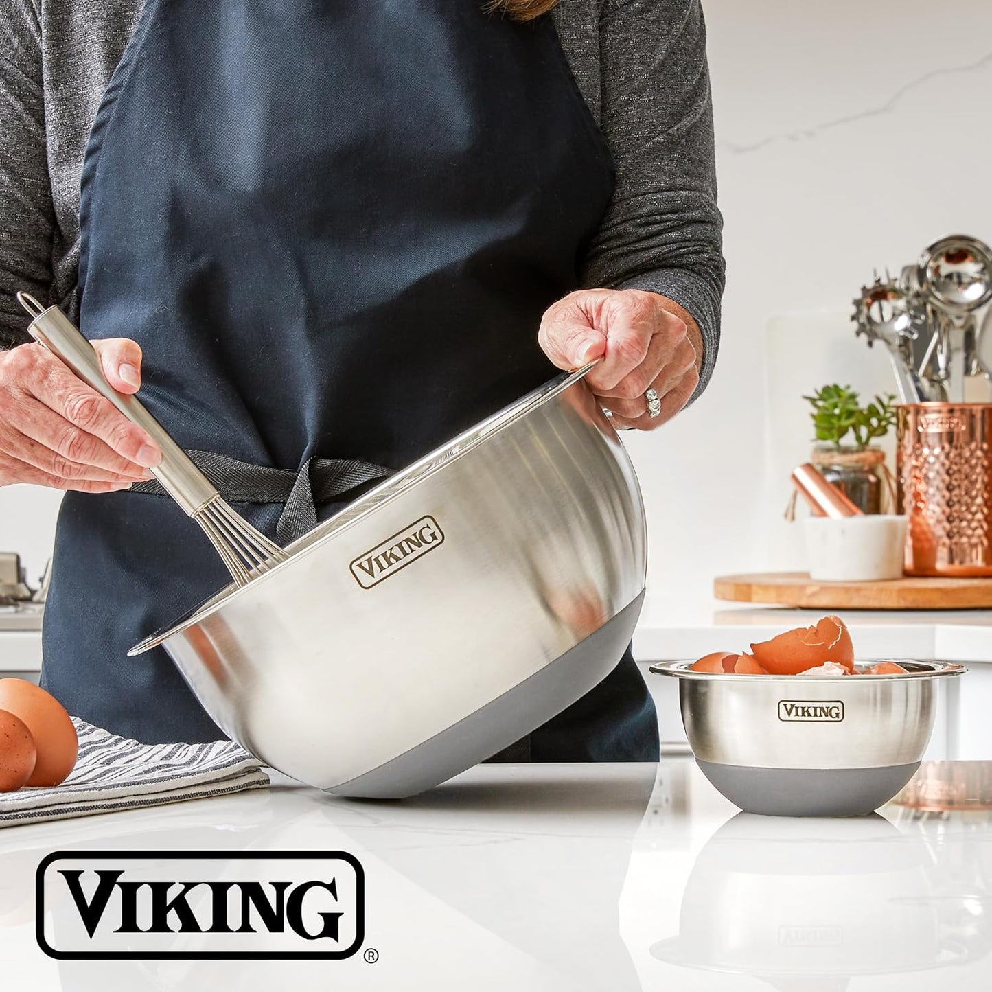 Viking Mixing Bowls Set, 10 Piece Stainless Steel Kitchen Cookware, Non-Slip Silicone Base, Includes Tight Fit Lids, Dishwasher Safe, Black