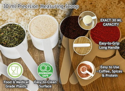 2 Tablespoon Scoop (30ml) – Coffee Scoop & Protein Scoop – Measuring Spoon 2 Tbsp, Long Handle Plastic Scoop, Accurate Measure for Coffee, Powder & Kitchen (5 Pack), White