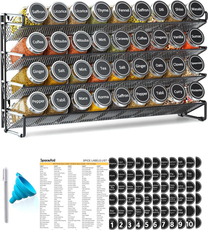SpaceAid Spice Rack Organizer with 32 Spice Jars, 386 Spice Labels, Chalk Marker and Funnel Set for Cabinet, Countertop, Pantry, Cupboard or Door & Wall Mount - 32 Jars, 15.3" W × 10.8" H, Black