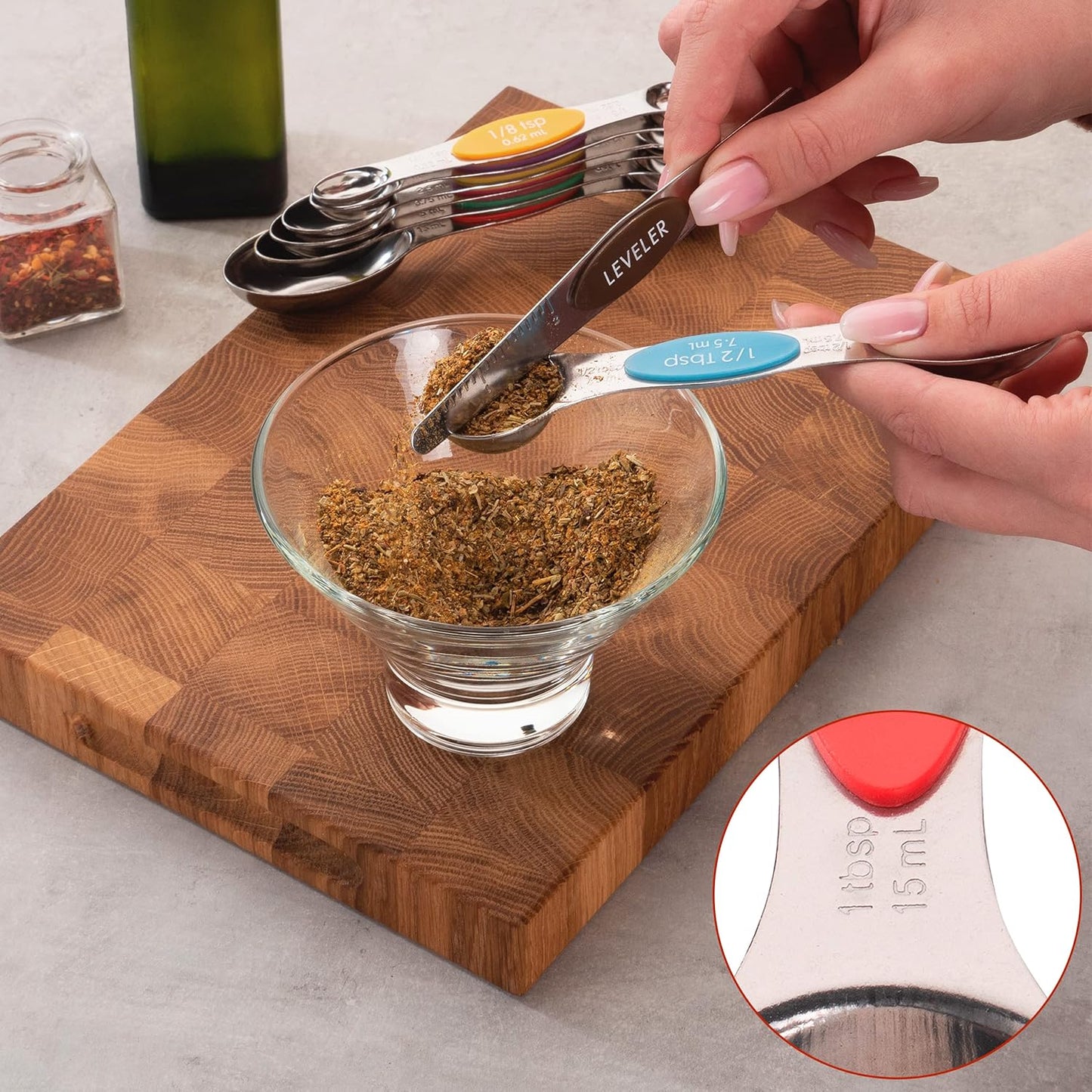 Magnetic Measuring Spoons Set of 8 Stainless Steel Etched Dual Sided Stackable Engraved Nesting Teaspoons Tablespoons for Measuring Dry and Liquid Ingredients (Multicolor)