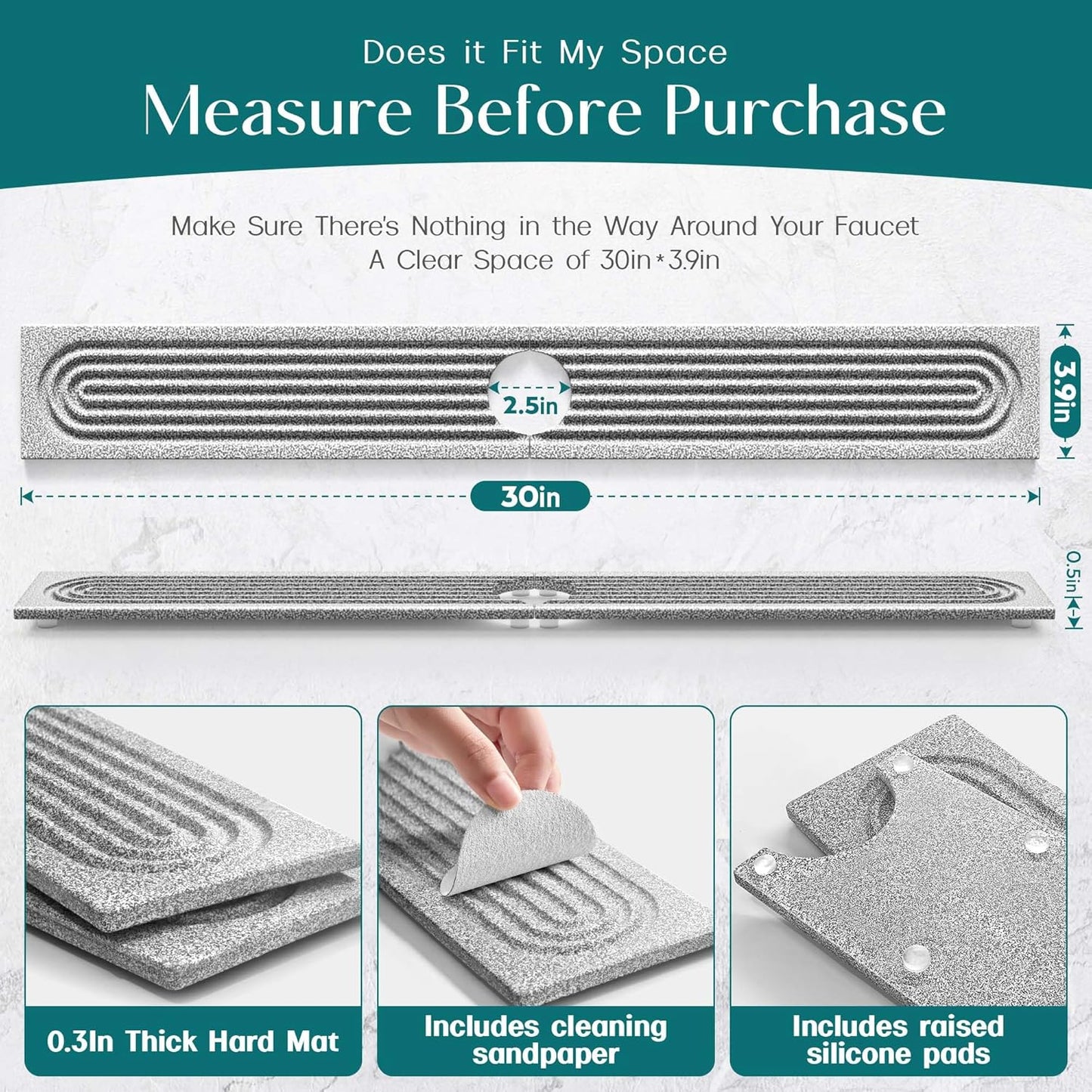 Eormoe Faucet Mat for Kitchen Sink – Diatomite Stone Drying Mat & Sink Protectors, Prevent Moisture – Sink Splash Guard Water-Absorbing Stone Tray for Bathroom Counter (Light Grey, 23.6" x 3.9")
