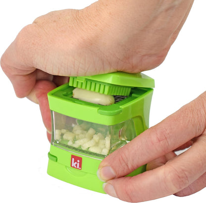 Garlic-A-Peel Garlic Press, Crusher, Cutter, Mincer, and Storage Container - Includes Silicone Garlic Peeler - Easy to Clean - Stainless Steel Blades – (Black), standard