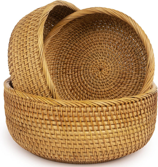 Woven Fruit Basket For Holder Bowl Decorative Bread Vegetable, Serving Bowl Set of 3 For Organizing Kitchen Natural Rattan Picnic Basket Round Stackable (Natural)