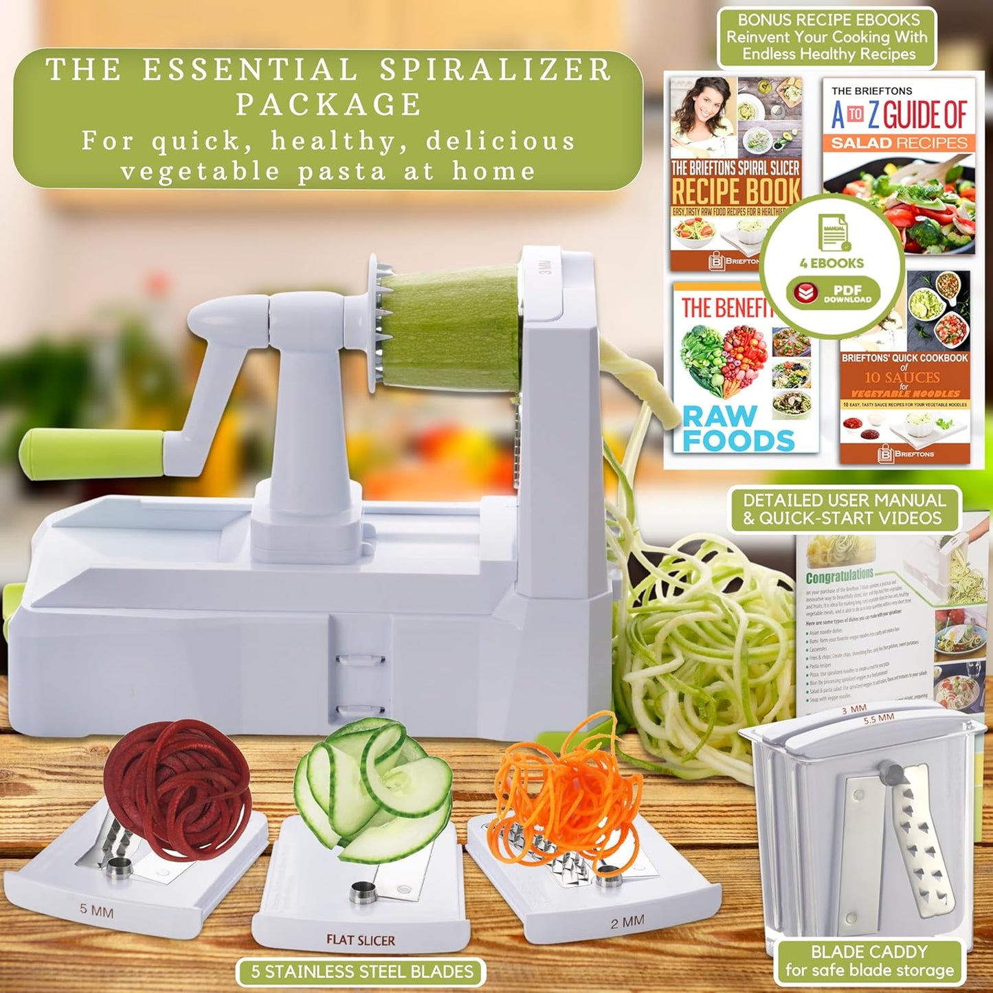 Brieftons 7-Blade Vegetable Spiralizer: Zucchini Spiral Slicer & Veggie Noodle Maker, Japanese Steel Blades, Catch Container, Strong Suction Cup, Blade Caddy, 4 eBooks | Low Carb, Vegan, Gluten-Free
