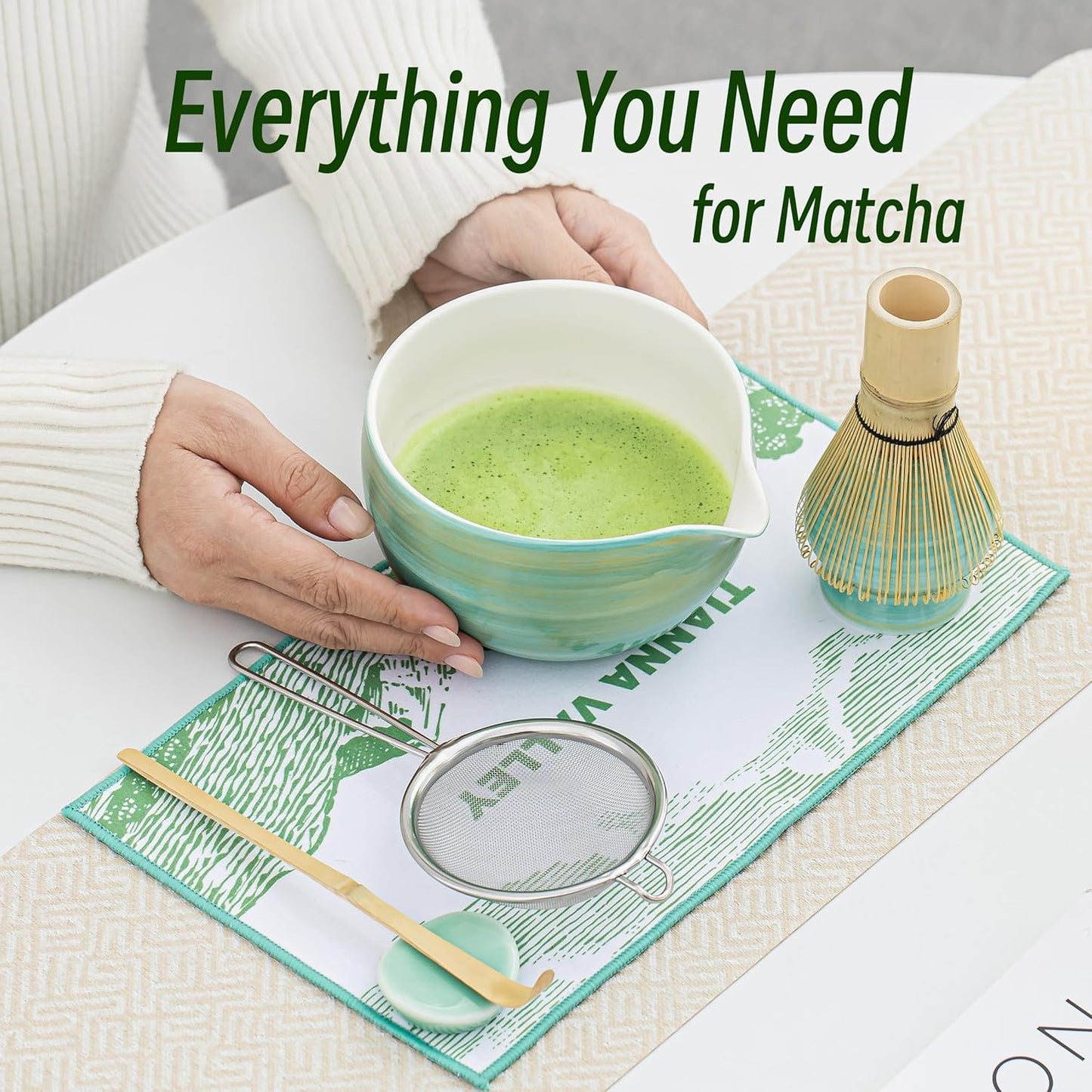 Matcha Whisk Set,7 Pcs Matcha Set Light Green,Matcha Kit for Ceremony,480Ml Ceramic Bowl(chawan) with Spout,Bamboo Whisk and Holder,Tradition Tea Set,Unique Gift