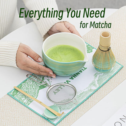 Matcha Whisk Set,7 Pcs Matcha Set Light Green,Matcha Kit for Ceremony,480Ml Ceramic Bowl(chawan) with Spout,Bamboo Whisk and Holder,Tradition Tea Set,Unique Gift