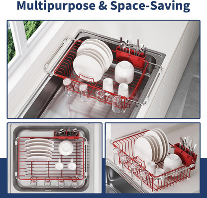 JASIWAY Roll Up Dish Drying Rack, Expandable (12.8"-23.8" D x 12.8" W) Stainless Steel Portable Drainer for Kitchen Sink Counter, Foldable Over The Sink Cover with Removable Utensil Holder