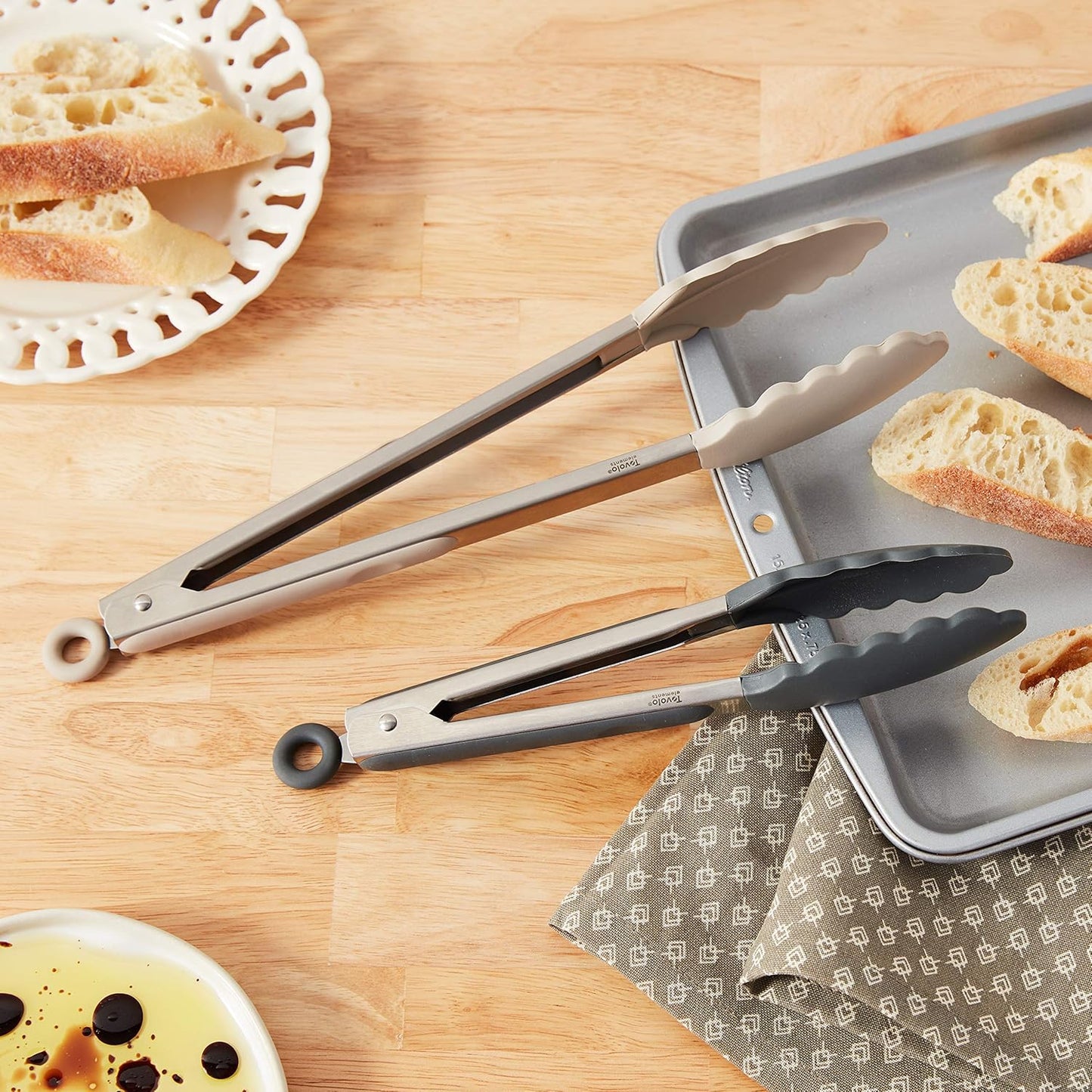 Tovolo Stainless Steel Tongs with Silicone Tip Set 9" 12" with Easy Lock Mechanism for Grilling Air Fryer Cooking Serving Salad, Heat Resistant Silicone Tipped Kitchen Tongs Sangria Red Black