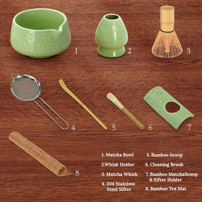 8 Pcs Matcha Whisk Set: Matcha Bowl, Whisk and Holder, Cleaning Brush, Bamboo Scoop, 304 Sifter, Tool Holder, Tea Mat – Matcha Set Kit Gifts for Women, Mom, Valentines Day (Mottled Green)