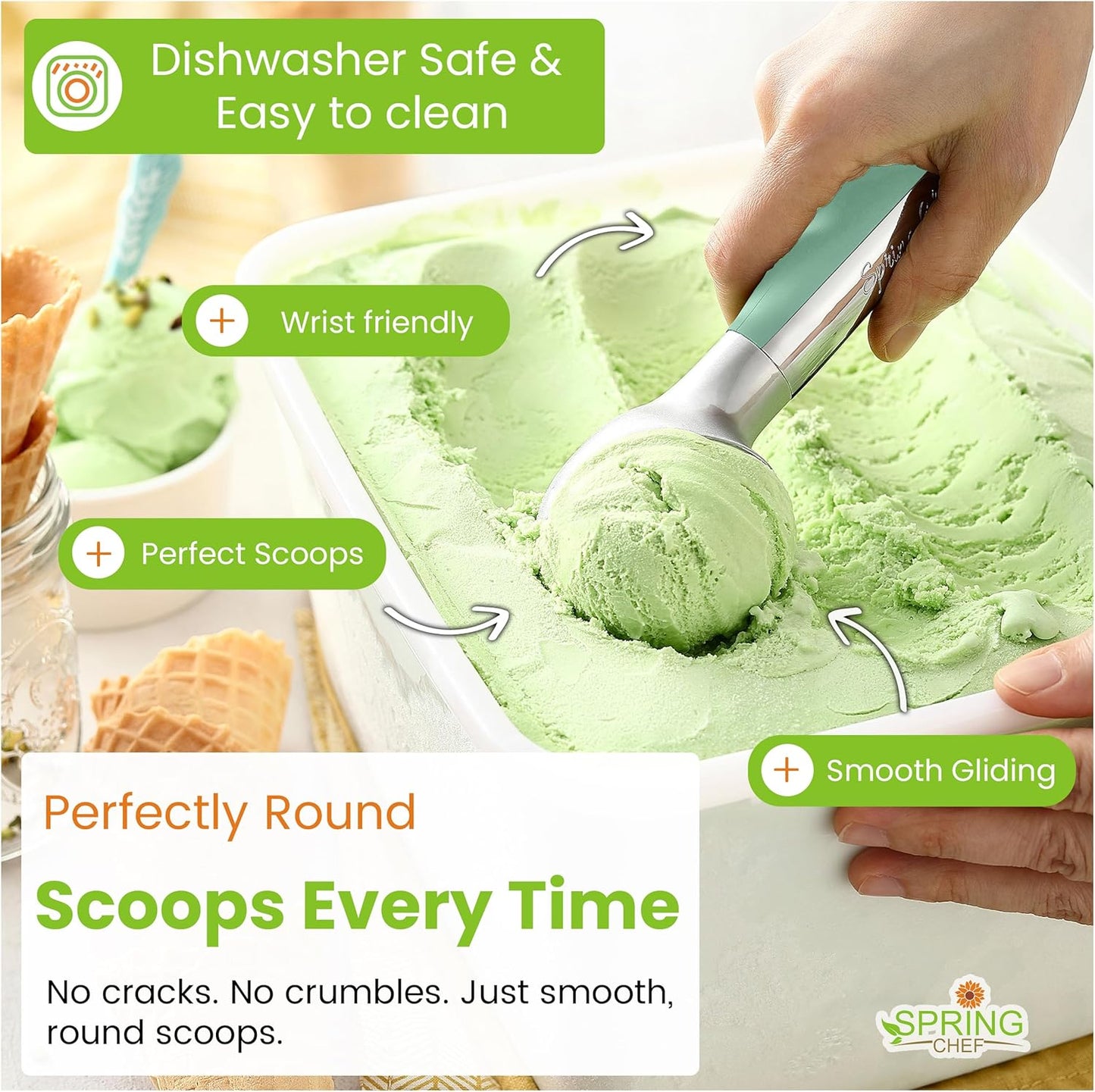 Spring Chef Heavy Duty Metal Ice Cream Scoop - Dishwasher Safe Ice Cream Scooper, Commercial Icecream Scoop Spade, Professional Kitchen Tool for Gelato, Melon, Sundae, Cookie Spoon - Black