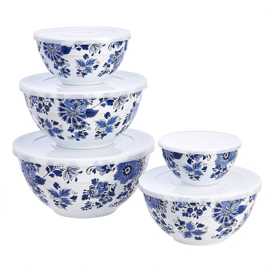 Amazon Basics Mixing Bowls with Lids, Nesting Melamine Serving Bowls, Non-Slip Base, BPA Free, Dishwasher Safe, 5 Sizes, Hydrangea Floral, Set of 10
