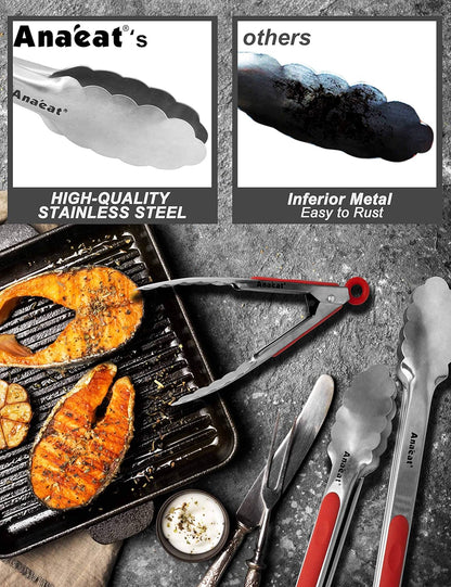 Anaeat Non-Stick Silicone Locking Tong Set of 3 - Stainless Steel 7", 9", 12" Kitchen Food Tongs with Non-Slip Silicone Tips and Grip for Cooking, Baking and BBQ - Heat Resistant up to 480°F (Black)