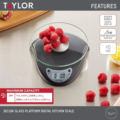 Taylor Digital Kitchen Scale with Glass Platform, Tare Button, and Plastic Body Weighs up to 11 Pounds Capacity, White