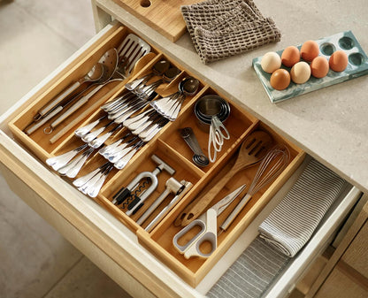 Joseph Joseph DrawerStore Compact Utensil Organizer For Kitchen Drawer Silverware, Flatware Tray, Small, Bamboo