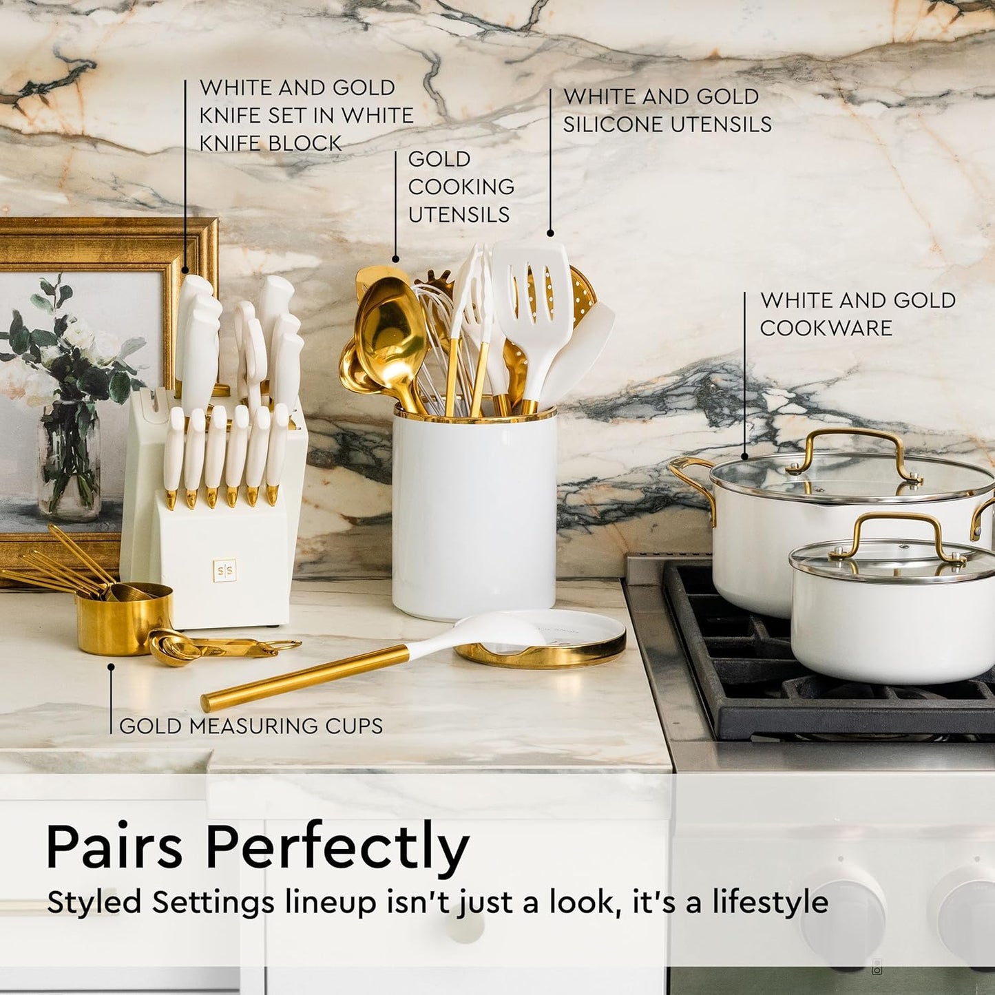 Gold Cooking Utensils with Measuring Cups and Spoons Set - 13-Piece Luxury Gold Kitchen Accessories Includes Metal Measuring Cups and Spoons for Baking, Cooking, and Elegant Kitchen Decor