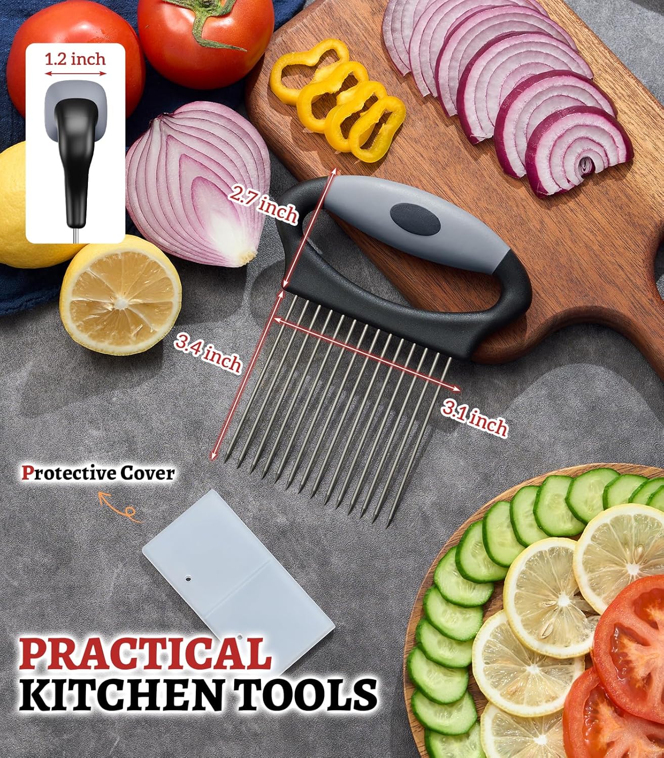 Large Onion Slicer Holder, Stainless Steel Onion Holder for Slicing, Onion Cutter Vegetable Chopper with 14 Sharp Needles for Slicing of Tomato Avocados & Meat Tenderizer, Kitchen Gadgets for Cooking