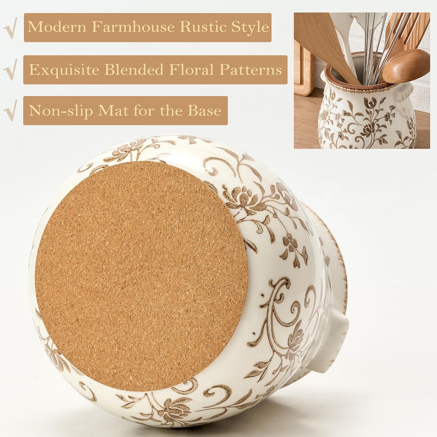 Utensil Holder for Kitchen Counter, Modern Farmhouse Rustic Cooking Utensil Holder and Crock, Exquisite Chinoiserie Floral Ceramic Utensil Organizer for Home Kitchen Decor- Green and Beige