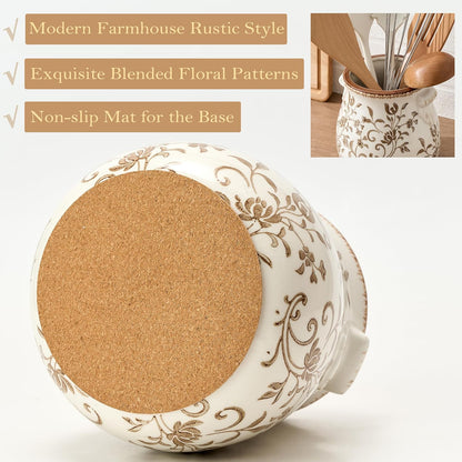 Utensil Holder for Kitchen Counter, Modern Farmhouse Rustic Cooking Utensil Holder and Crock, Exquisite Chinoiserie Floral Ceramic Utensil Organizer for Home Kitchen Decor- Green and Beige