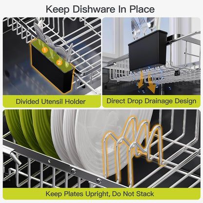 JASIWAY Roll Up Dish Drying Rack, Expandable (12.8"-23.8" D x 12.8" W) Stainless Steel Portable Drainer for Kitchen Sink Counter, Foldable Over The Sink Cover with Removable Utensil Holder