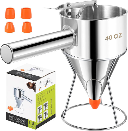 Stainless Steel Pancake Batter Dispenser, Multi-Nozzle, 40 oz | Leak-Proof Funnel Cake Dispenser, Thumb-Press Handle for Precise Batter Control, Ideal for Pancakes, Waffles & Muffins