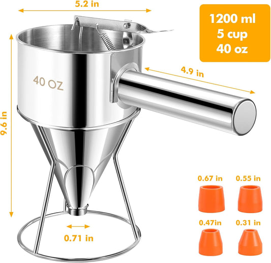 Stainless Steel Pancake Batter Dispenser, Multi-Nozzle, 40 oz | Leak-Proof Funnel Cake Dispenser, Thumb-Press Handle for Precise Batter Control, Ideal for Pancakes, Waffles & Muffins