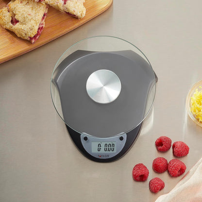 Taylor Digital Kitchen Scale with Glass Platform, Tare Button, and Plastic Body Weighs up to 11 Pounds Capacity, White