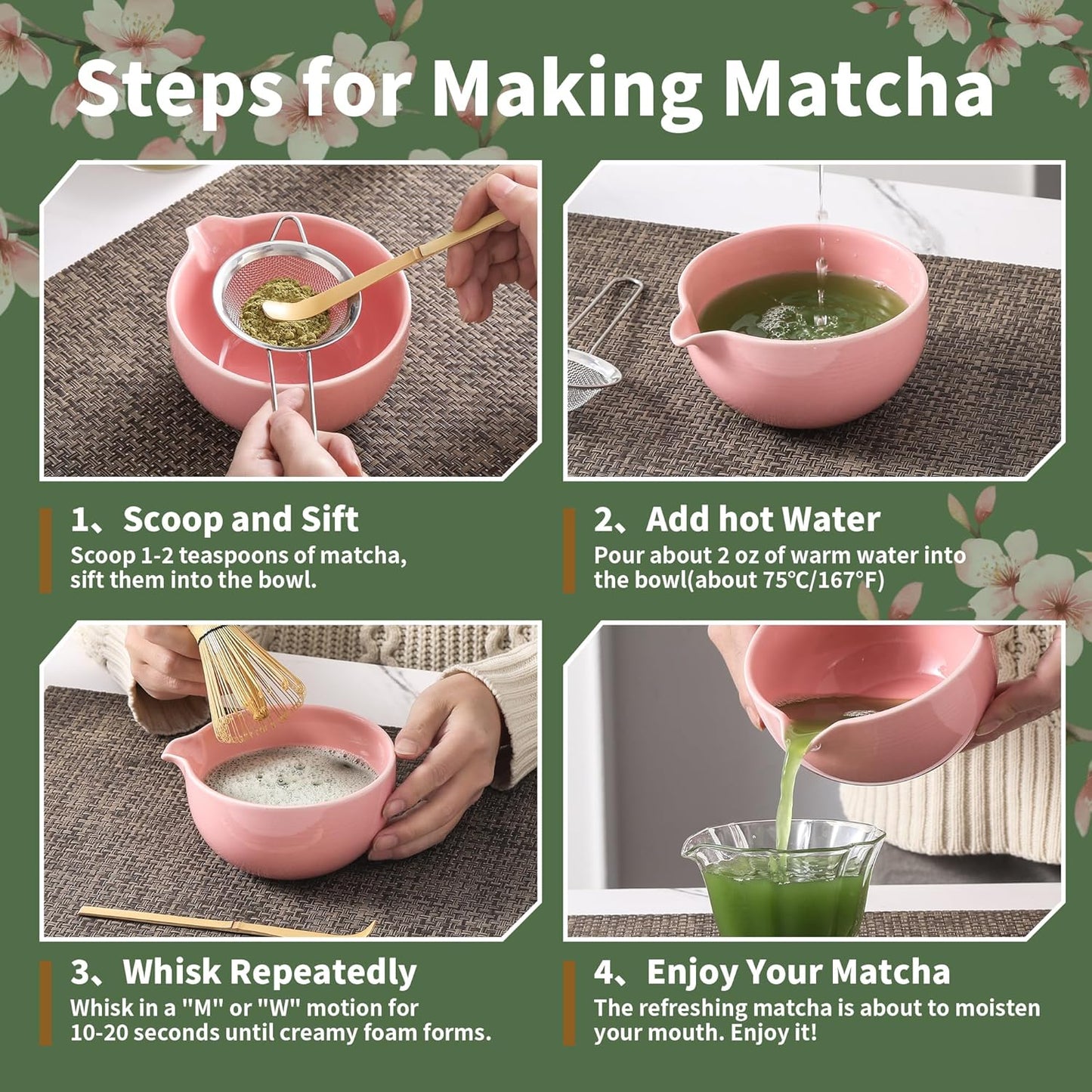 Matcha Whisk Set, 5 Pcs Ceramic Matcha Set, Matcha Kit Set Includes Matcha Bowl, Matcha Whisk and Holder, Bamboo Scoop and Sifter, Matcha Tea Set, Ideal Gift for Family/Friend (Pink)