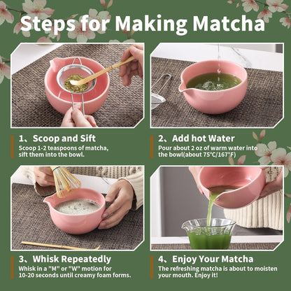 Matcha Whisk Set, 5 Pcs Ceramic Matcha Set, Matcha Kit Set Includes Matcha Bowl, Matcha Whisk and Holder, Bamboo Scoop and Sifter, Matcha Tea Set, Ideal Gift for Family/Friend (Pink)
