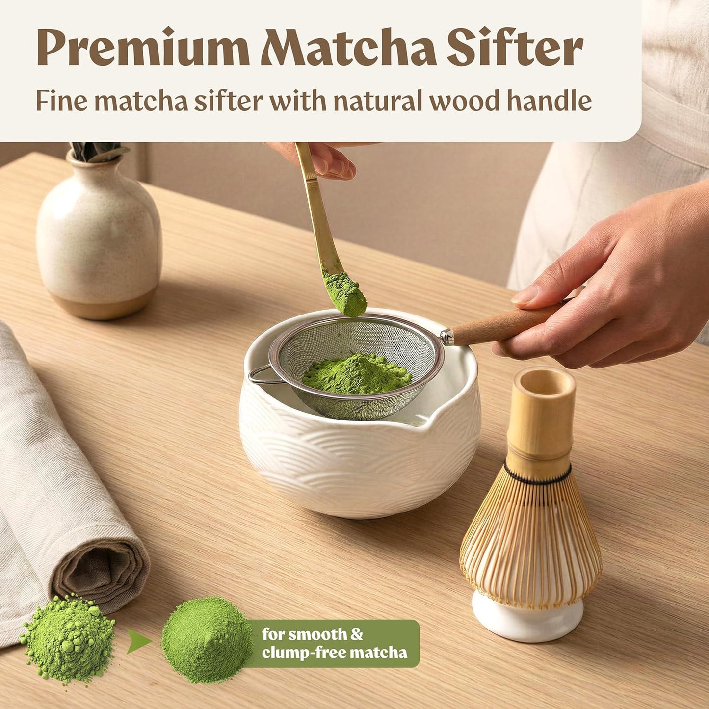 EDELHAUS Matcha Kit Whisk Set (7 Pcs) - Complete Matcha Set, Matcha Bowl with Spout, Whisk with Holder, Bamboo Scoop with Rest and Sifter, Perfect Kit for Matcha Lovers (Sakura Pink)