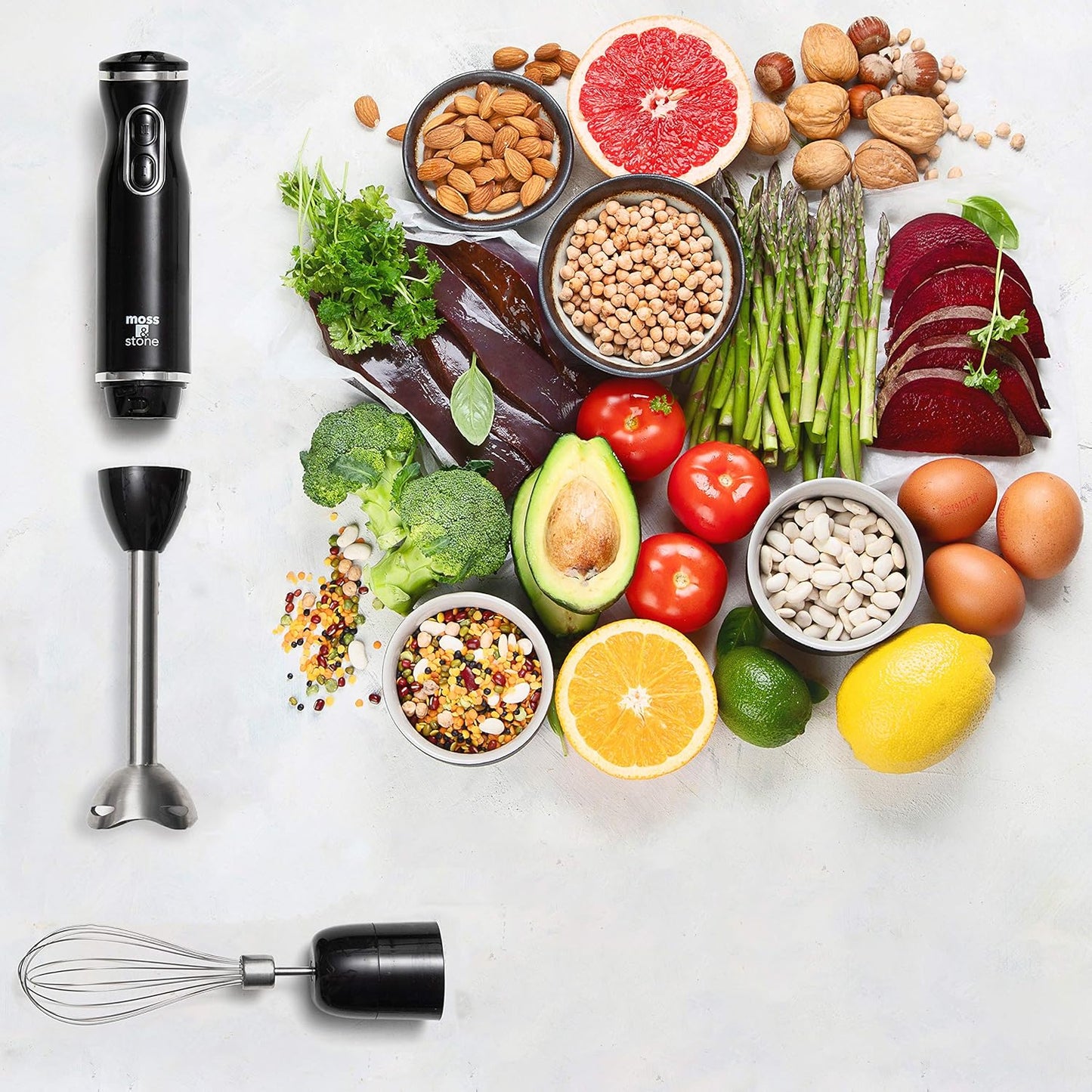 Moss & Stone Hand Blender With Egg Whisk & Chopper, Powerful 300 Watt - Stick Blender, Hand Mixer Set Stainless Steel Shaft & Blades, White Handheld Blender With Ergonomic Handle